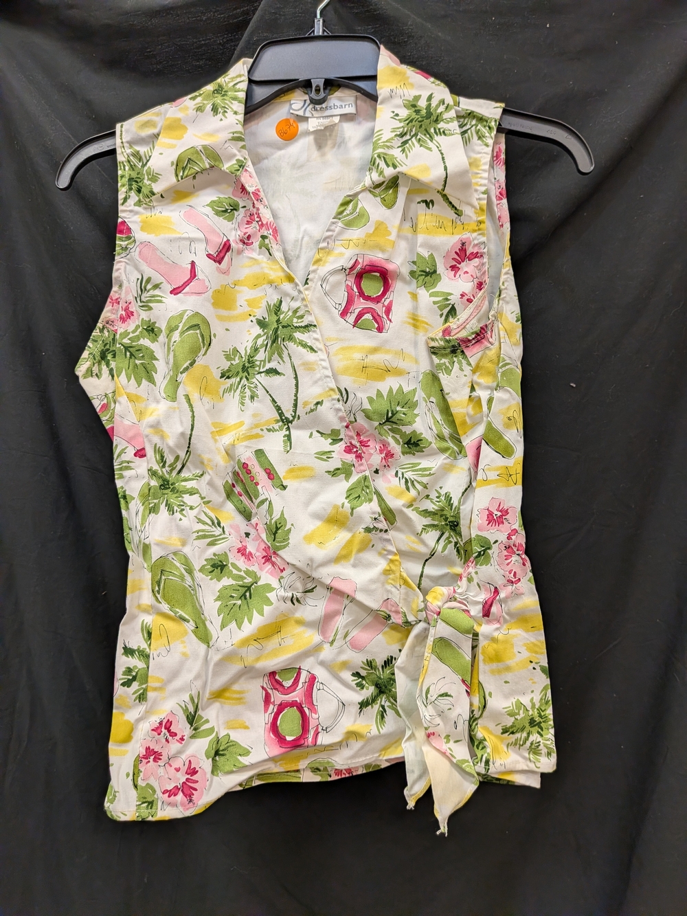 Dress Barn White Sleeveless Floral Tie-Waist Camisole with Pink & Green Print